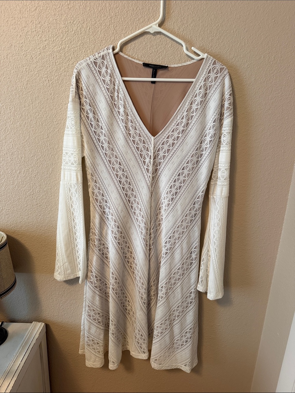 BCBGMaxAzria Ivory V-Neck Lace Chevron A-Line Dress